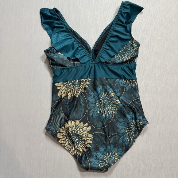 Averie Nori Swimsuit Retro One Piece Ruffle Floral Print Size Large Sustainable - Picture 3 of 7